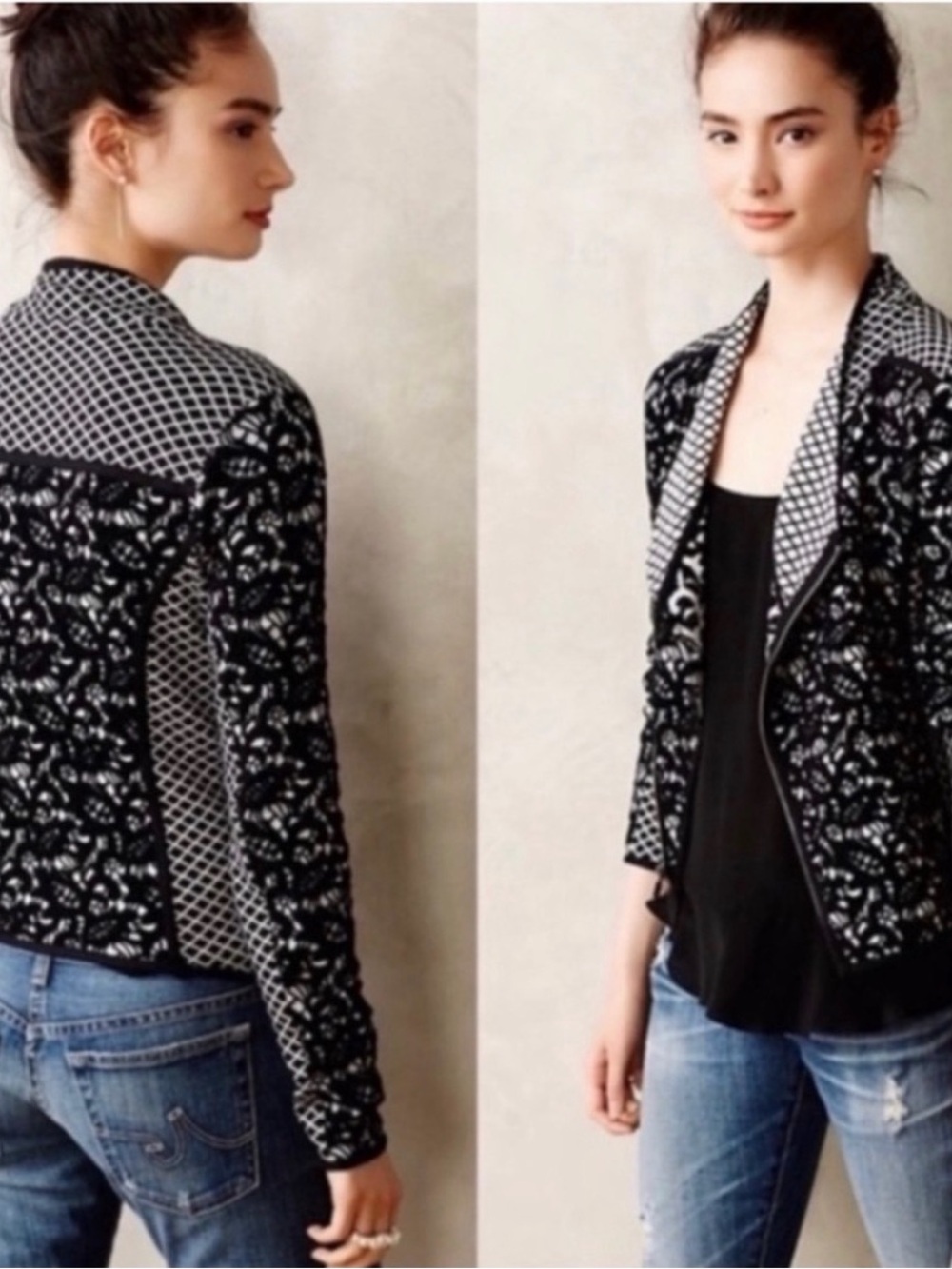Moth Anthropologie Black & White Jacquard Moto Jacket with Asymmetrical Zipper